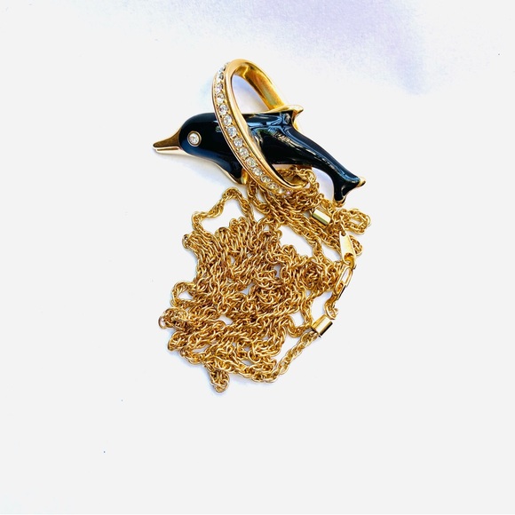 RARE Swarovski Dolphin Crystal Enamel Pendant Necklace and Velvet Pouch HTF - Picture 2 of 11